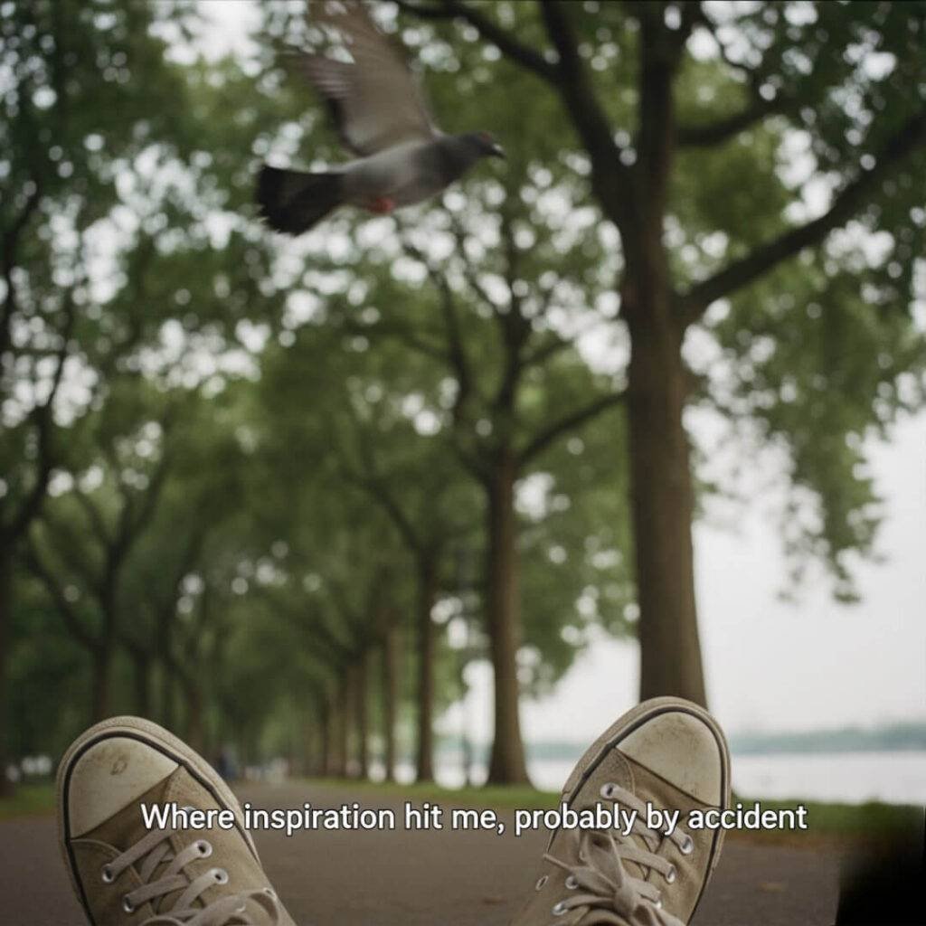 A tilted shot of a park with trees, a blurry pigeon flying by, and a pair of scuffed sneakers in the foreground.