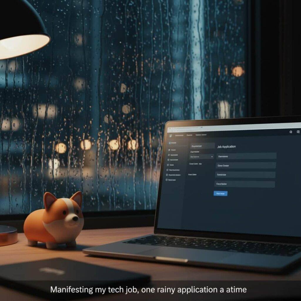 A tilted shot of a laptop screen showing a job application portal, with a rain-streaked window and a corgi-shaped stress ball in the foreground