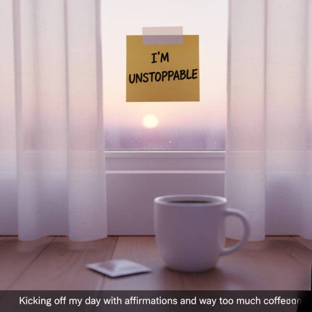 A low-angle shot of an apartment window at sunrise with sheer curtains, a sticky note reading "I'm unstoppable" on the glass, and a coffee cup in the foreground.