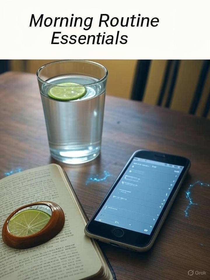 A vintage-inspired image of a phone playing a lo-fi playlist, a water glass with a quirky lime slice floating in it, and a journal with a large coffee ring on the cover, in faded yellows with electric blue splashes, conveying a wryly humorous tone.