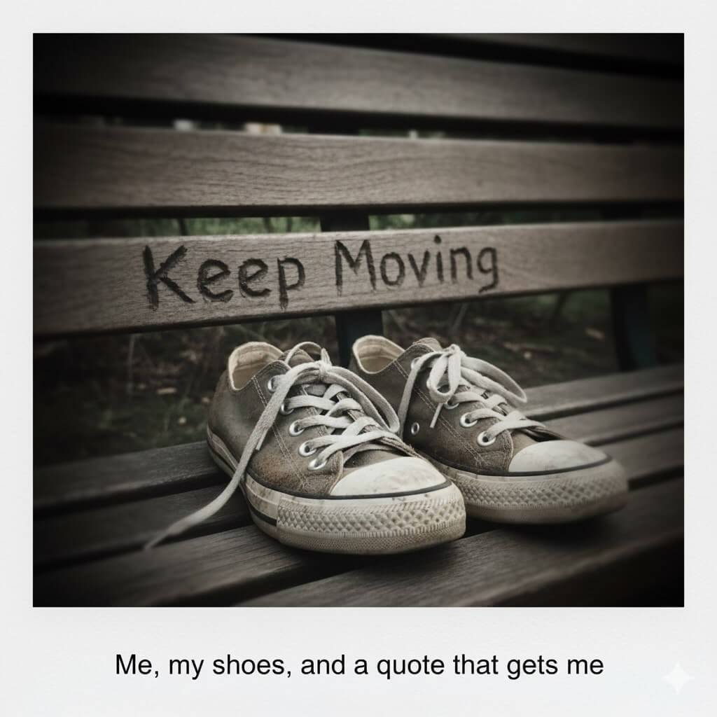 A slightly out-of-focus Polaroid of sneakers on a park bench with "Keep Moving" carved into the wood.
