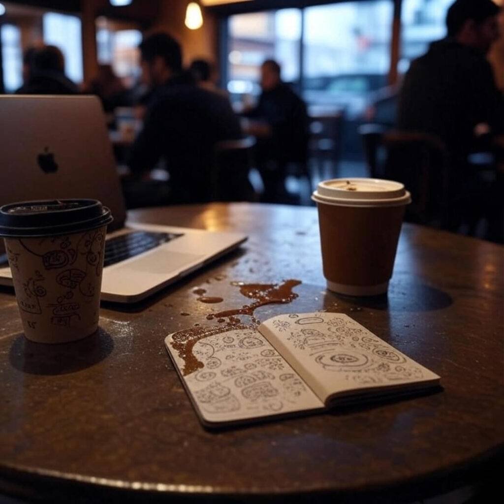 A high-resolution image of a coffee shop table with a laptop, a spilled coffee cup, and a notebook with messy doodles, captured at a slightly off-center angle with warm café lighting against an indigo-gold palette. Caption: “Spilled coffee, new energy—finding motivation in a Seattle café.”