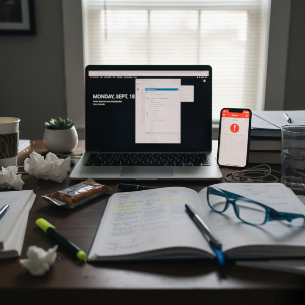 A slightly blurry, candid shot of a messy Monday morning desk. A steaming coffee mug reads "CHAOS. COFFEE. KINDNESS. (AND A REALLY POSITIVE DUCK)." A sticky note lists "MONDAY MANIFESTO: 1. SURVIVE 2. COFFEE AGAIN) 3. FIND DUCK-JOY." A bright yellow rubber duck sits on a stack of books, exuding quirky optimism amidst the clutter.
