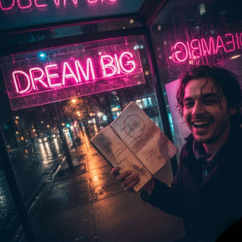 A crooked, neon-lit bus stop with a man's reflection in the glass, holding a soggy journal and laughing.