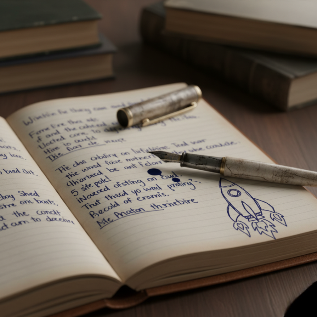 An open, beat-up notebook with messy blue handwriting is visible, with a leaky, antique-style pen resting on its pages. A blue-ink doodled rocket ship with flames is drawn in the bottom right corner of the right page. In the blurry background, several old books are stacked on a wooden surface.