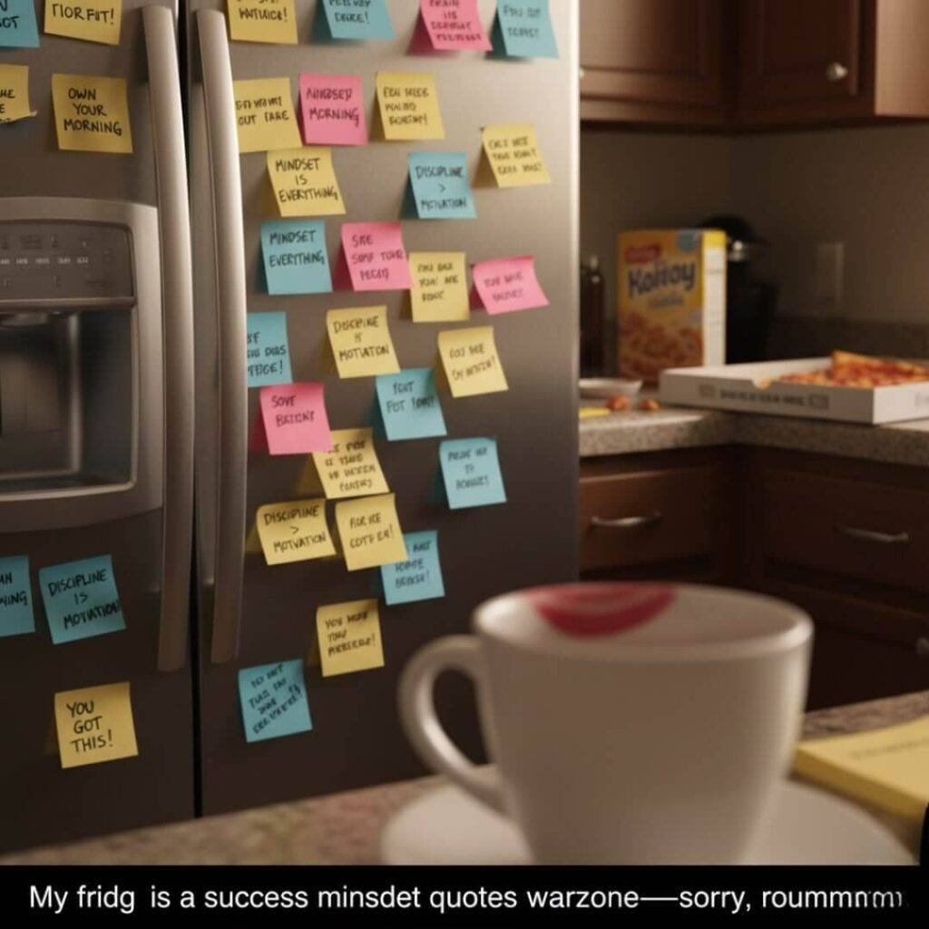 A chaotic photo of a fridge covered in falling sticky notes with success mindset quotes, with a coffee cup bearing lipstick stains in the foreground.