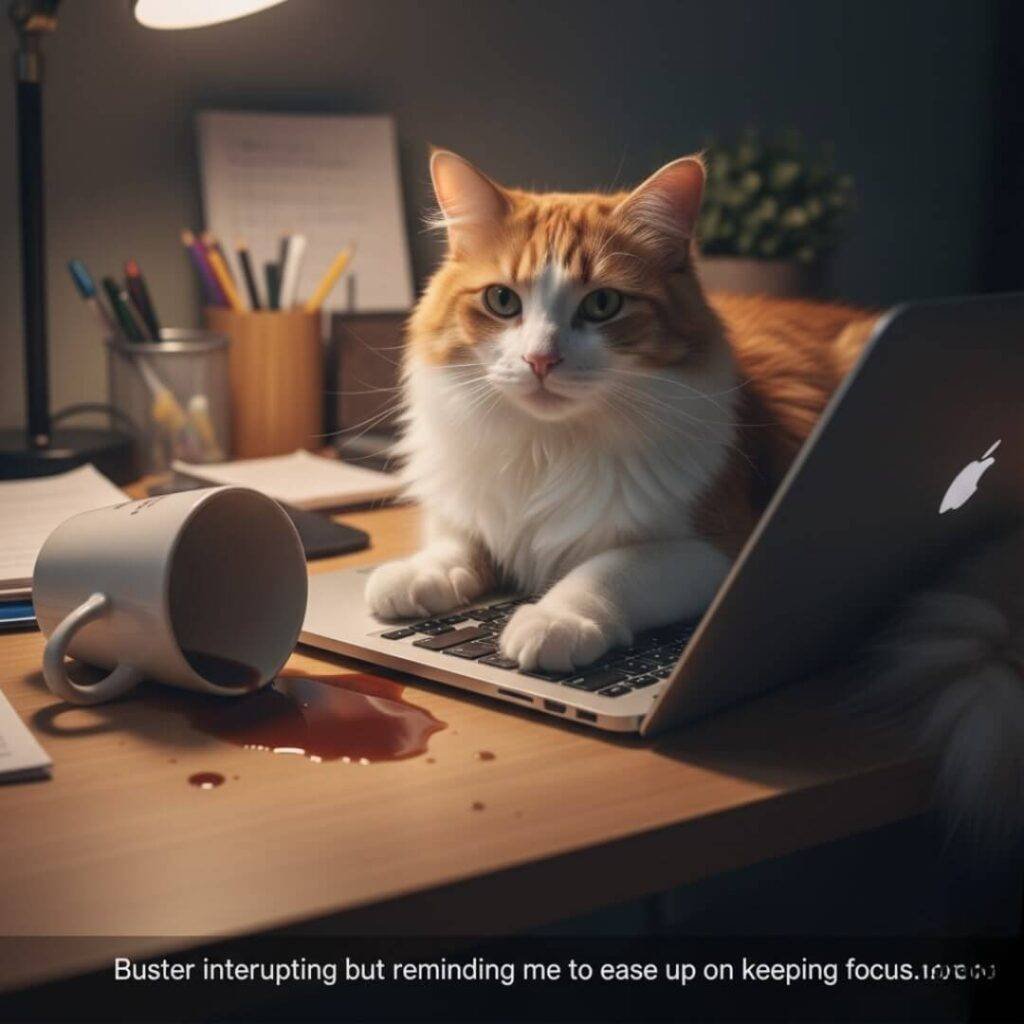 A goofy, low-angle shot of a cat named Buster lying on a laptop with paws on the keys, and a tipped coffee mug spilling nearby, creating a messy but endearing scene.