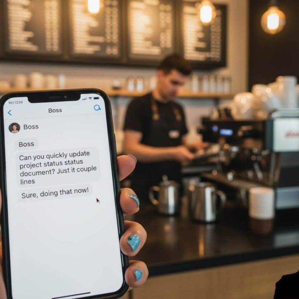 Shaky phone view of a text message thread, held by a hand with chipped blue nail polish. A blurred coffee shop counter and brewing area are in the background.