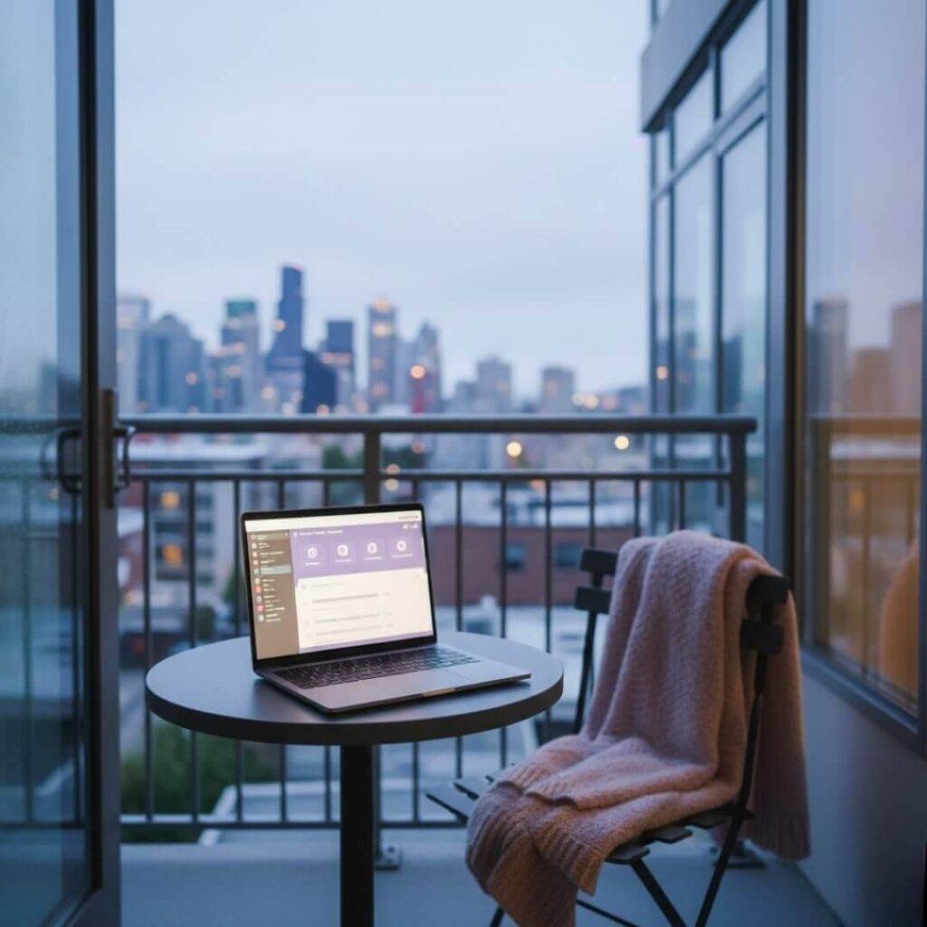 Alt Text: A shaky, slightly blurred dusk photograph taken on a balcony. A laptop is open on a blanket, presumably showing a goal-tracking application, with the faint, pastel-colored Seattle skyline visible in the background.