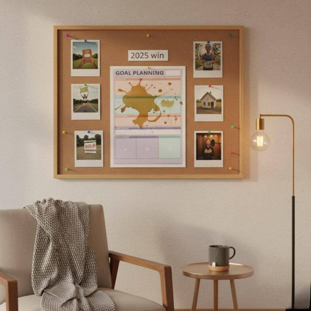 Alt Text: A cozy living room corner with a corkboard on the wall. Pinned to the corkboard is a "GOAL PLANNING" worksheet, surrounded by several Polaroids depicting various "2025 wins," such as a basketball hoop, a runner, a person holding a sign, a house with a "SOLD" sign, and a person smiling. A comfortable chair with a blanket, a small side table, and a modern floor lamp complete the scene.