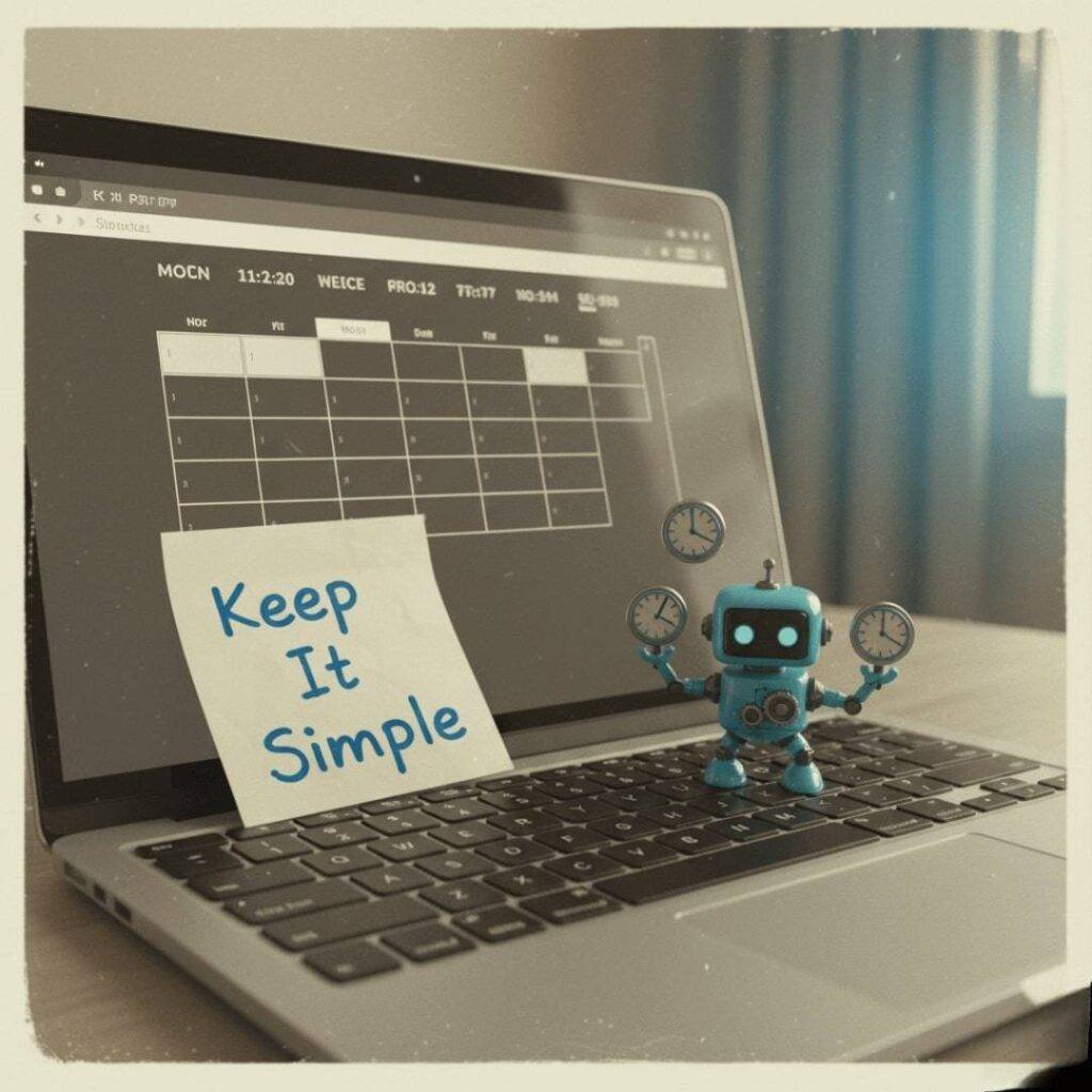 Alt Text: A high-resolution, vintage-inspired image with a faded Polaroid effect, rendered in sepia tones with electric blue splashes. It features a laptop displaying a basic calendar app. A sticky note saying "Keep It Simple" is slapped onto the keyboard. A quirky, tiny robot, highlighted in electric blue, is depicted juggling multiple clocks on the keyboard.