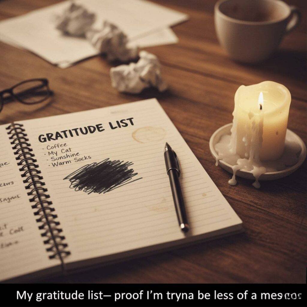 A messy notebook open to a "GRATITUDE LIST" with a smudged pen mark, next to a half-melted, wax-dripping candle.