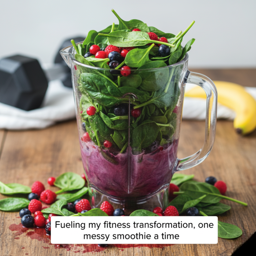 A blender overflowing with spinach and berries sits on a wooden surface, with a dumbbell blurred in the background.