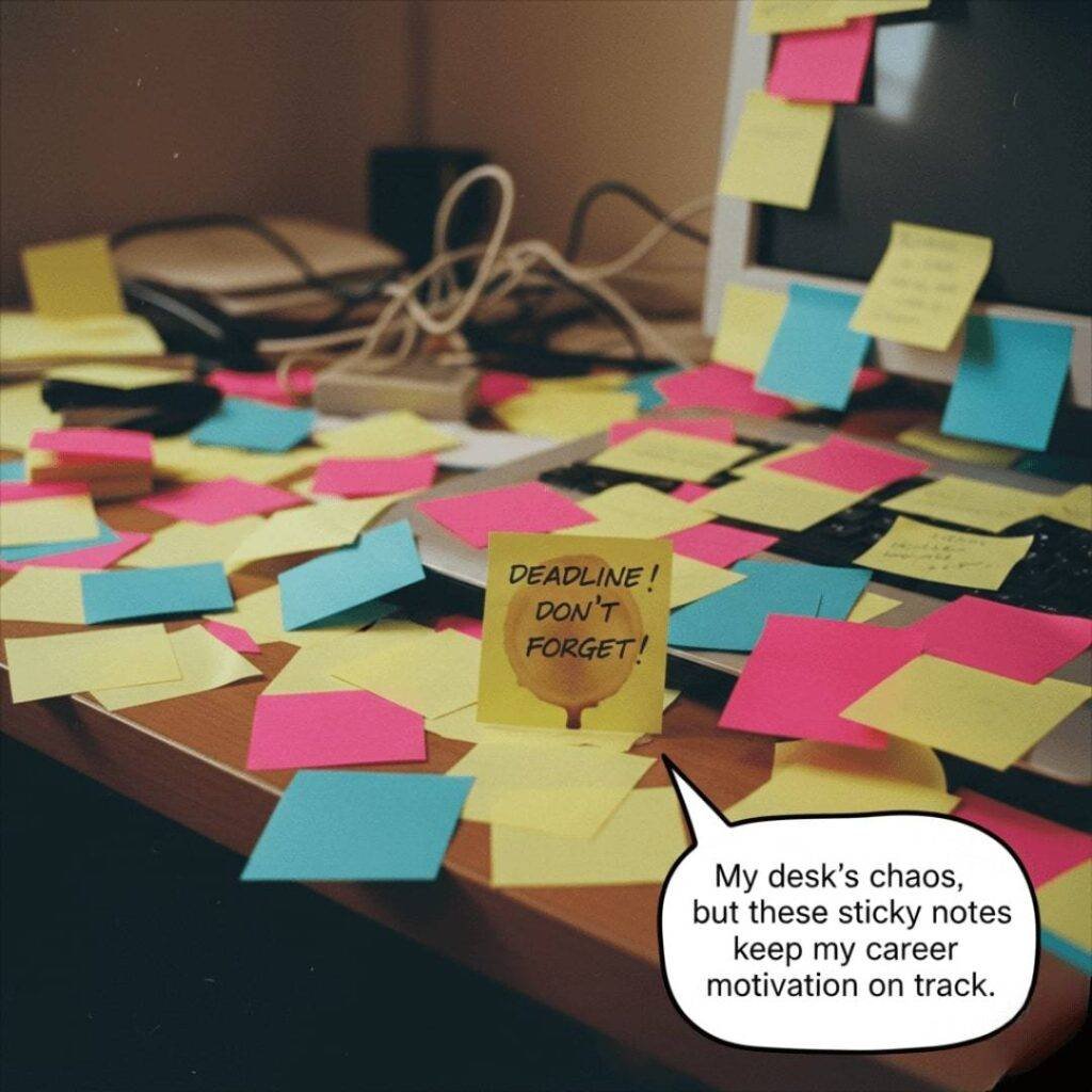 Desk covered in colorful sticky notes.