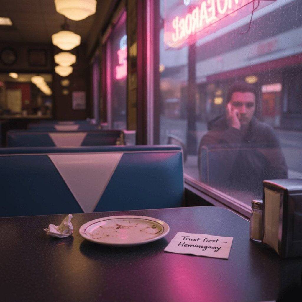A high-resolution, photorealistic image of a cozy but raw diner booth. A greasy plate and a napkin with the scrawled quote "Trust first – Hemingway" are on the table. A blurry reflection of a person is visible in the smudged window, which also shows neon signs outside, all rendered in denim blue and pink tones.