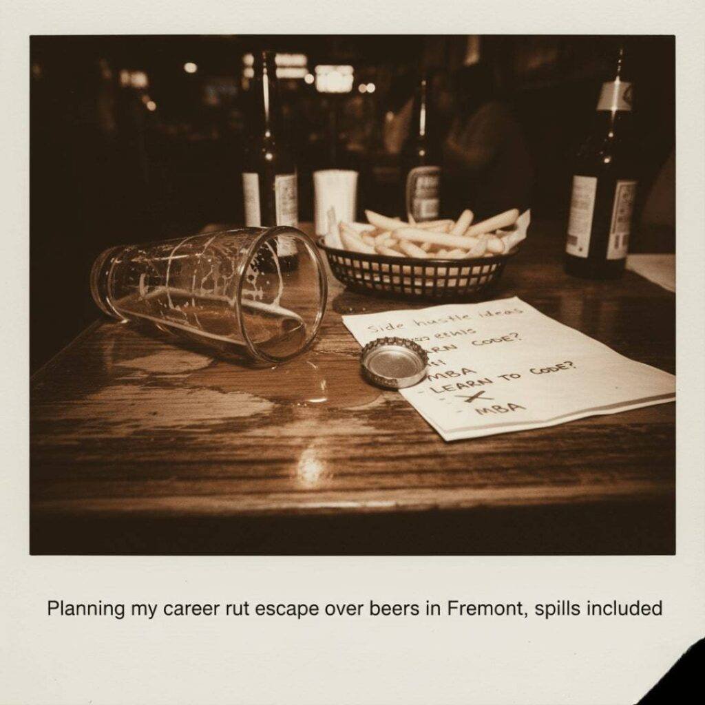 A retro-style photo of a dive bar table with a tipped-over beer glass, a napkin with career notes, and a spinning bottle cap.
