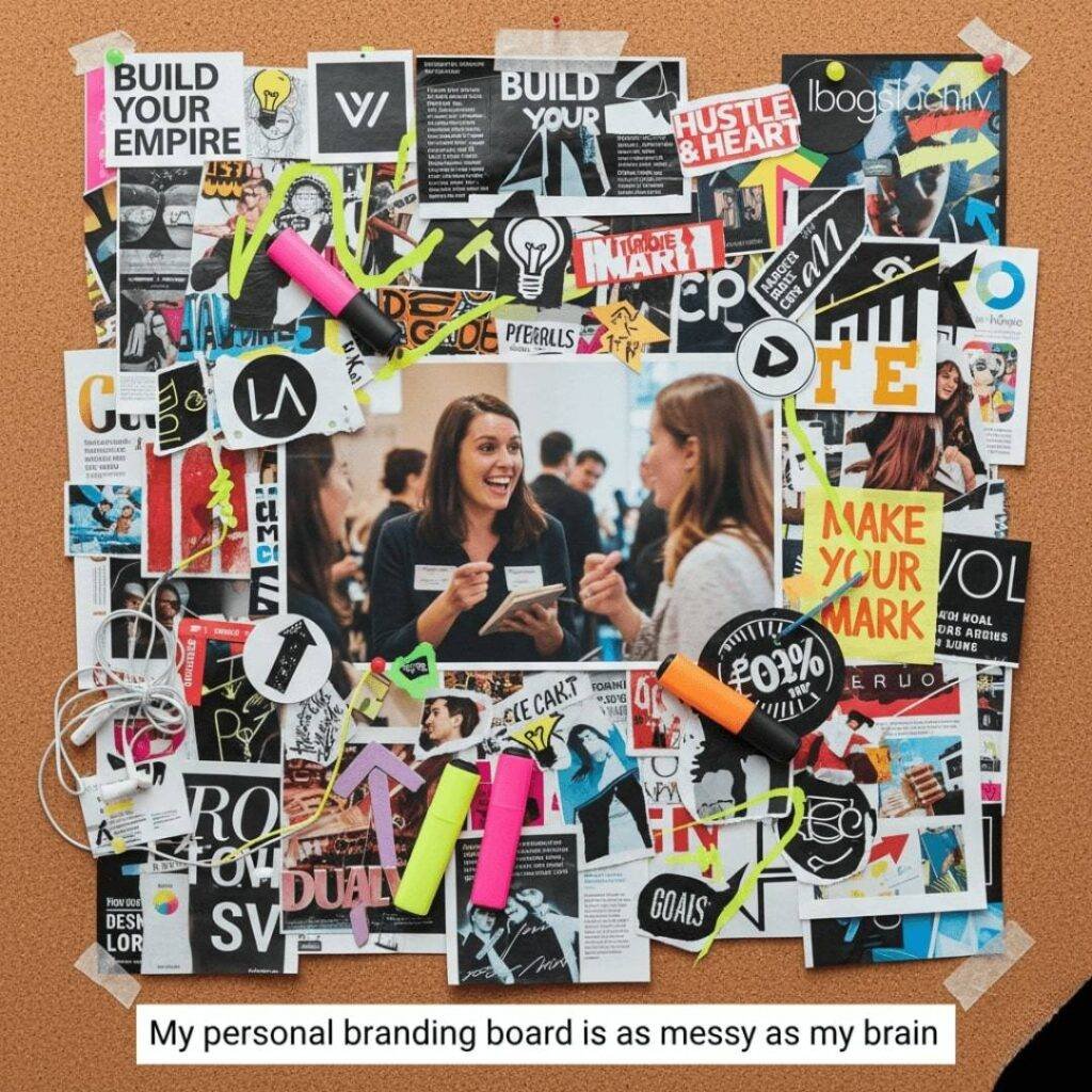 A chaotic collage on a corkboard featuring magazine clippings, a blurry photo of a person at a networking event, and neon highlighters.