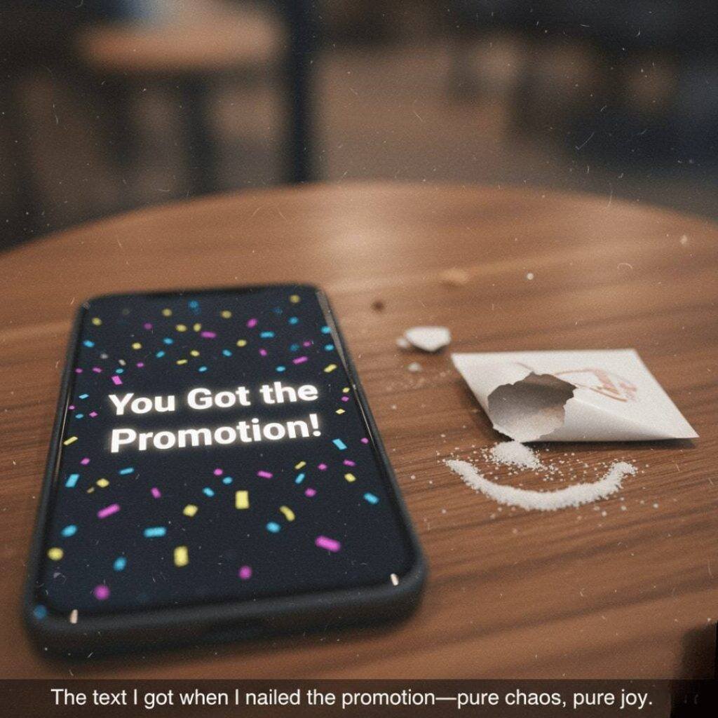 A blurry photorealistic image of a phone screen displaying a "You Got the Promotion!" text with confetti emojis, resting on a coffee shop table next to a spilled sugar packet shaped like a wonky smile.