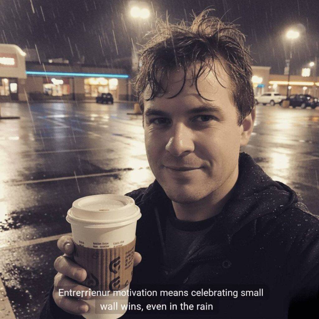 A slightly overexposed, raw smartphone selfie of a bleary-eyed man with a smirk, holding a takeout coffee cup in a rainy parking lot at night. The caption below reads: "Entrepreneur motivation means celebrating small wins, even in the rain."