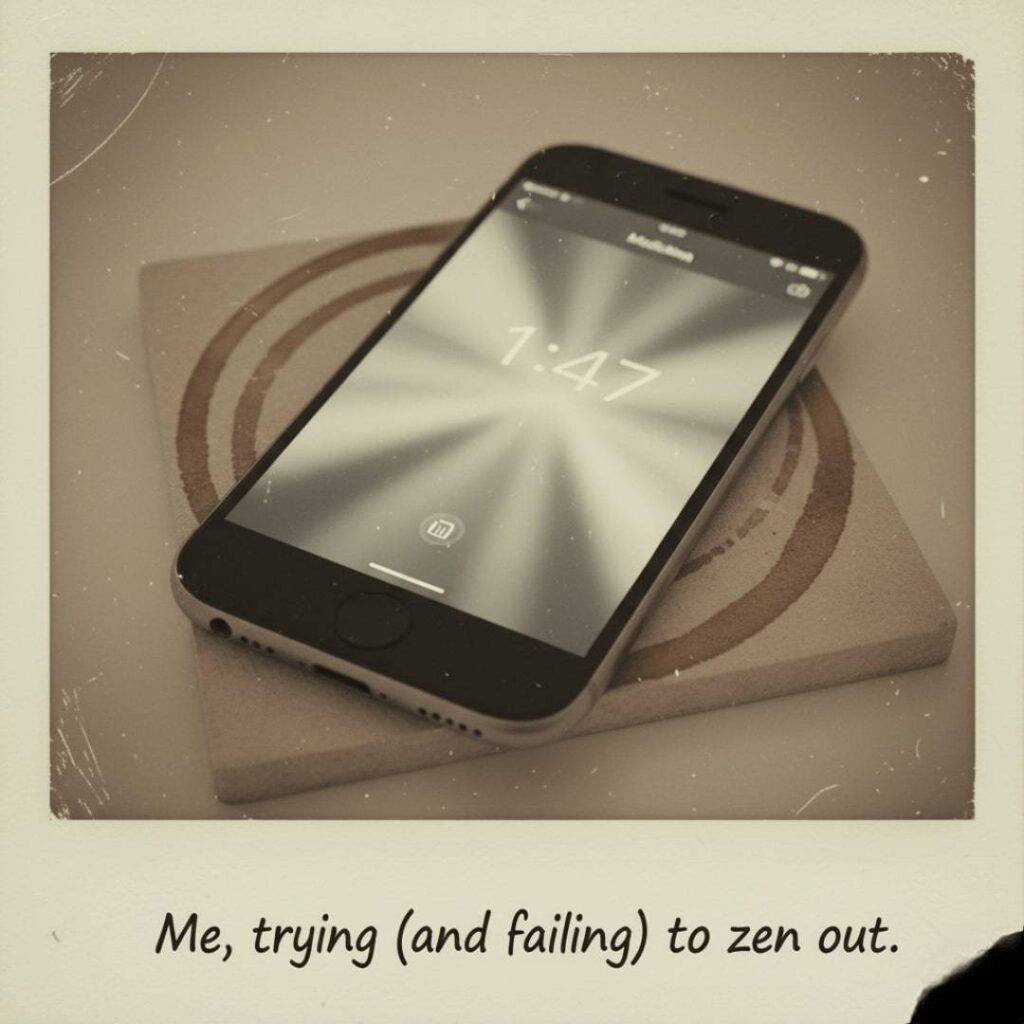 A vintage-inspired image, like a faded Polaroid, showing a smartphone screen displaying a meditation app frozen at 1:47 AM. The phone rests on a coaster with old coffee rings. The caption below reads: "Me, trying (and failing) to zen out."