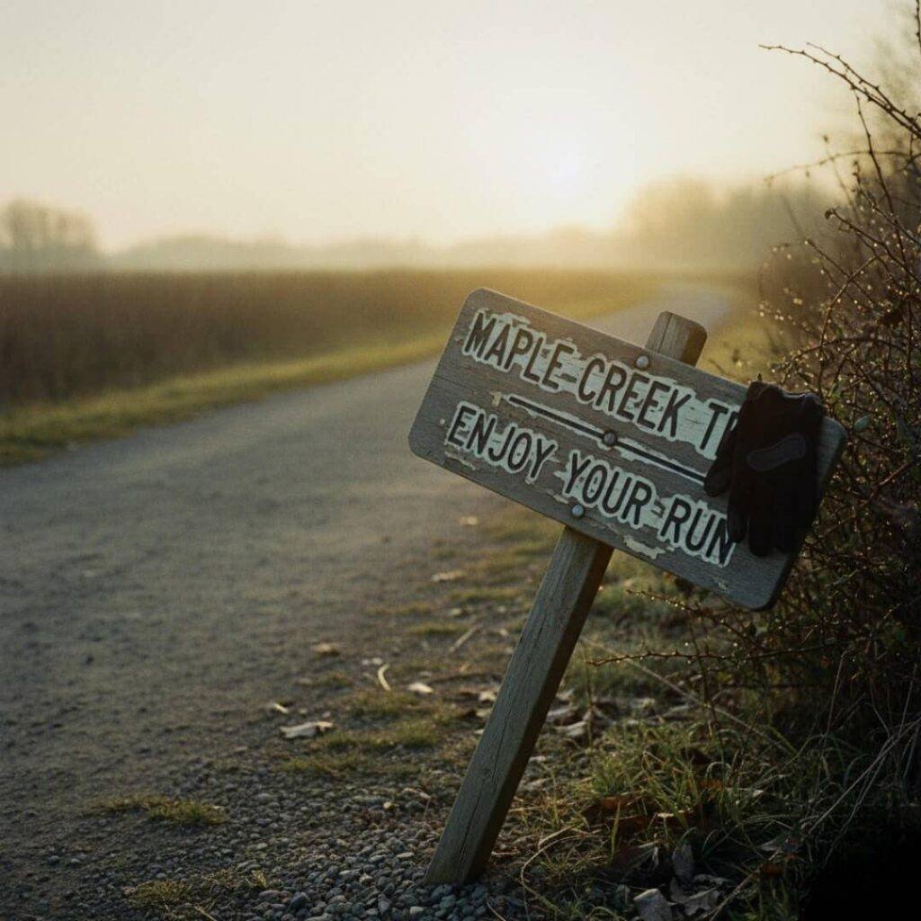 A crooked, low-angle shot of a dirt running trail at dawn, with a warm, hazy glow from the rising sun in the background. In the foreground, a weathered wooden sign reads "MAPLE CREEK TRAIL ENJOY YOUR RUN," leaning at an angle. A single black glove is casually draped over the sign, stuck in the thorny bushes beside the path. The overall vibe is gritty yet hopeful.