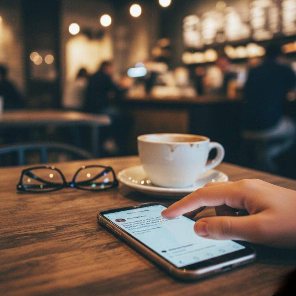 A phone displaying a fitness win post on a social media app rests on a coffee shop table next to a smudged coffee mug and glasses.