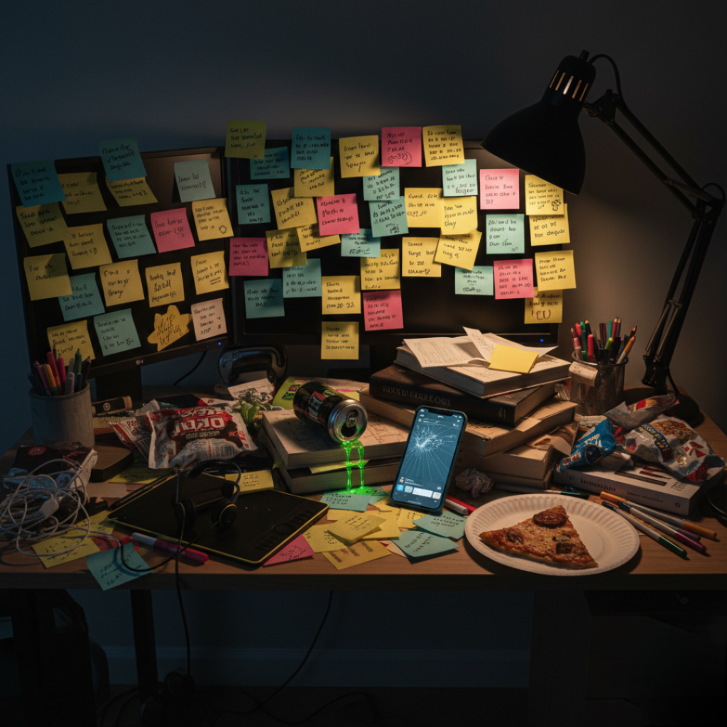 A high-resolution image of a cluttered desk at night. Sticky notes with quotes cover the wall above the desk, which is strewn with a half-spilled energy drink, a cracked phone screen, books, snacks, and art supplies, all illuminated by a desk lamp.