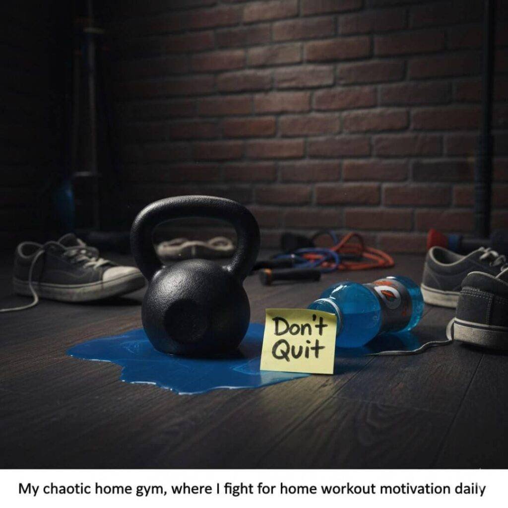 A messy corner showing a kettlebell, a tipped-over Gatorade bottle, and a sticky note with the smudged message "Don't Quit."