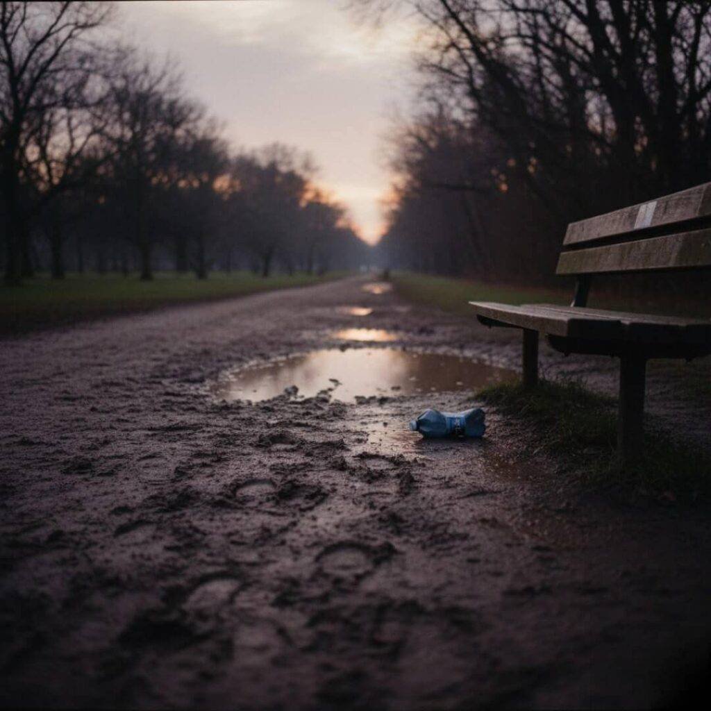 A muddy park trail at dusk, with a tipped-over water bottle on a wooden bench and faint footprints in the wet dirt.
