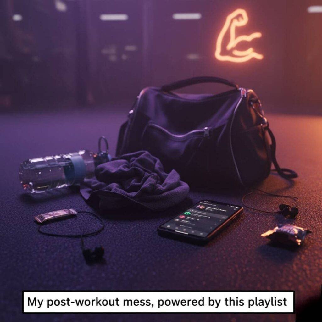 A high-resolution, chaotic shot of a gym bag spilling out a water bottle, towel, and a phone with a visible playlist, all set on a gym floor with a purple-orange palette and a glowing neon arm flexing in the background.