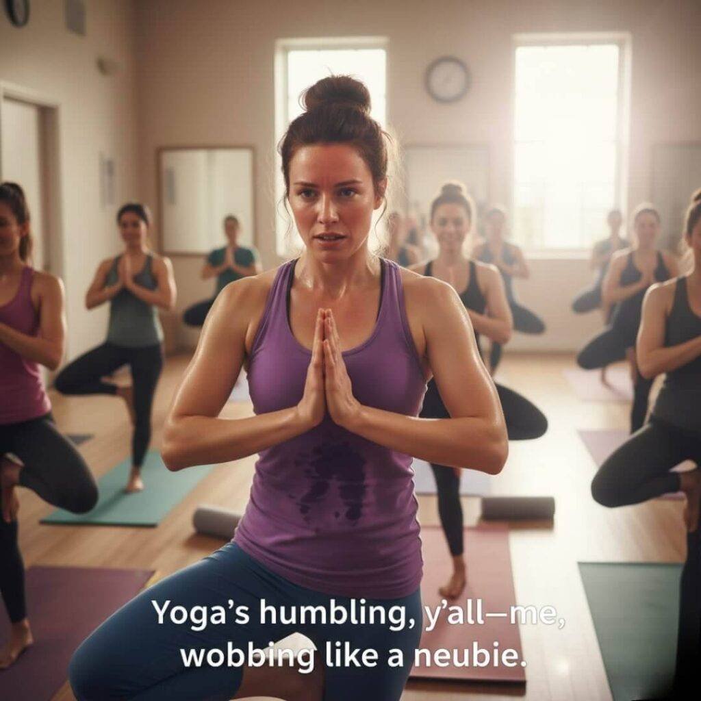 Sweaty woman in a purple tank top wobbling in a yoga pose in a crowded class.