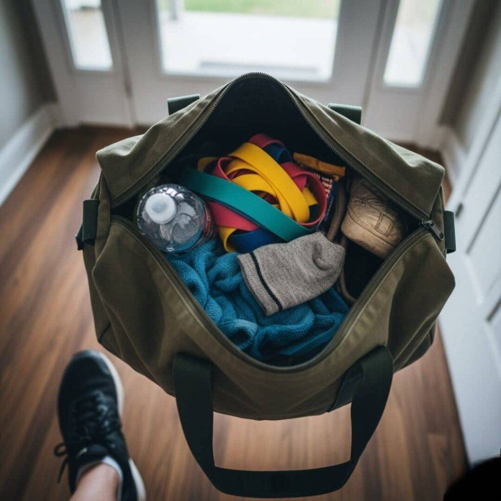 "A top-down, slightly blurry shot of an open gym bag overflowing with tangled resistance bands, a water bottle, a blue towel, and a mismatched sock, with a partial view of a foot in a black sneaker in the foreground, suggesting a hurried departure."