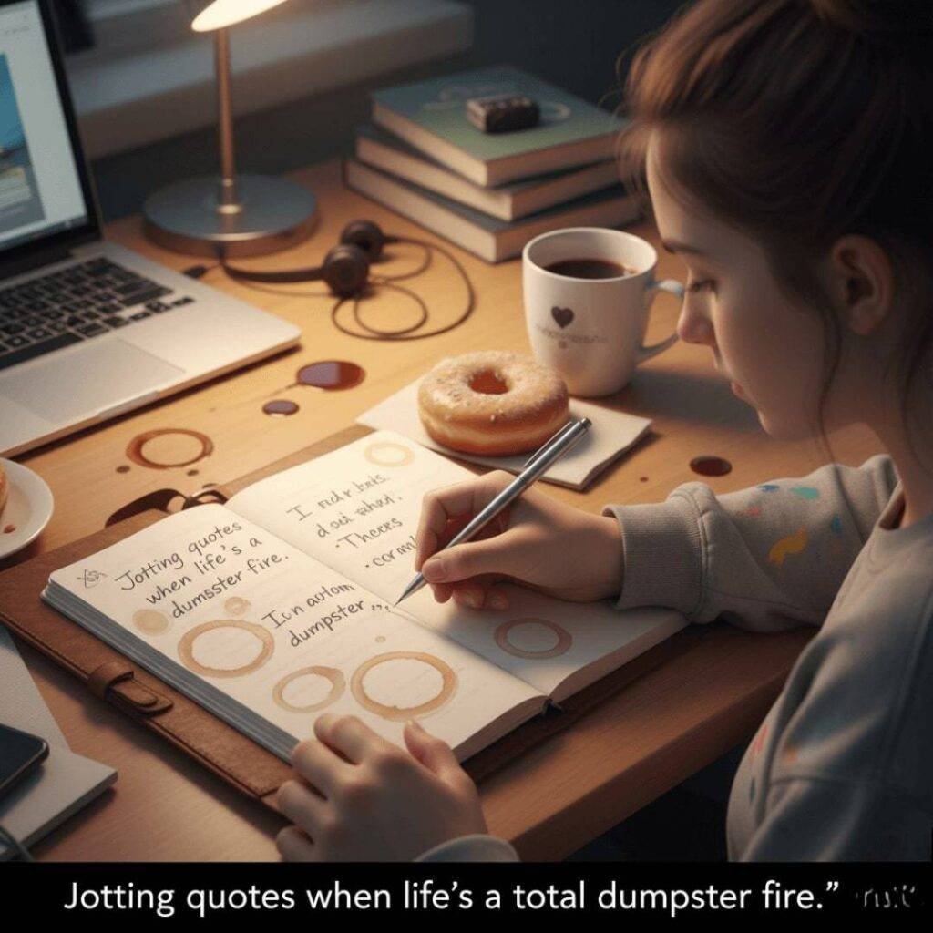 A person's hands are shown writing in a journal on a desk, surrounded by a laptop, a lamp, a coffee cup, coffee stains, and a donut.