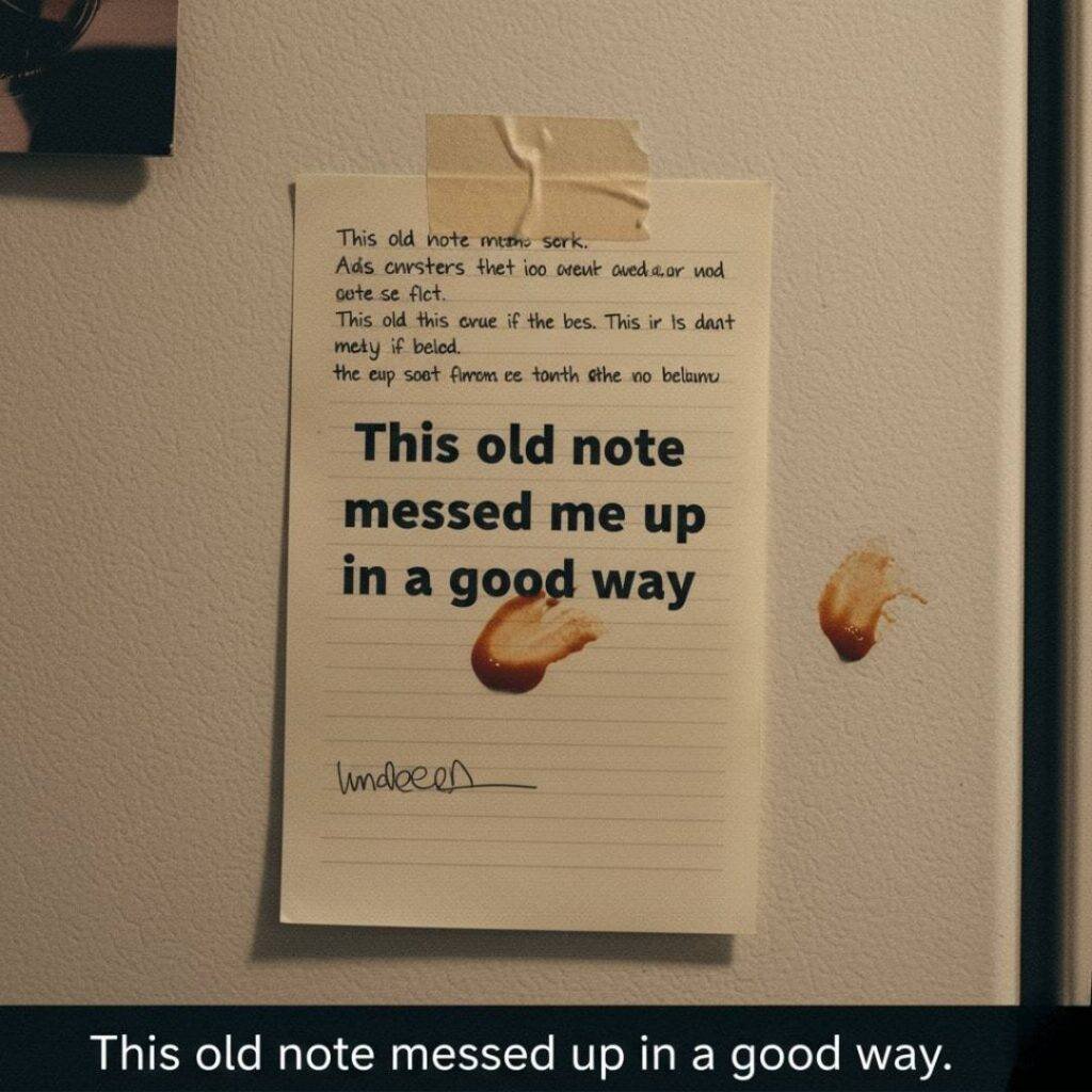 A grainy, slightly tilted photo of a torn journal page taped to a fridge, with smudged ink and a random ketchup stain nearby. The page has handwritten text and the caption "This old note messed me up in a good way."