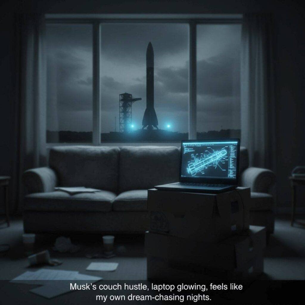 A slightly blurred, photorealistic scene of a worn couch, laptop on a cardboard box, with a rocket silhouette visible through the window.