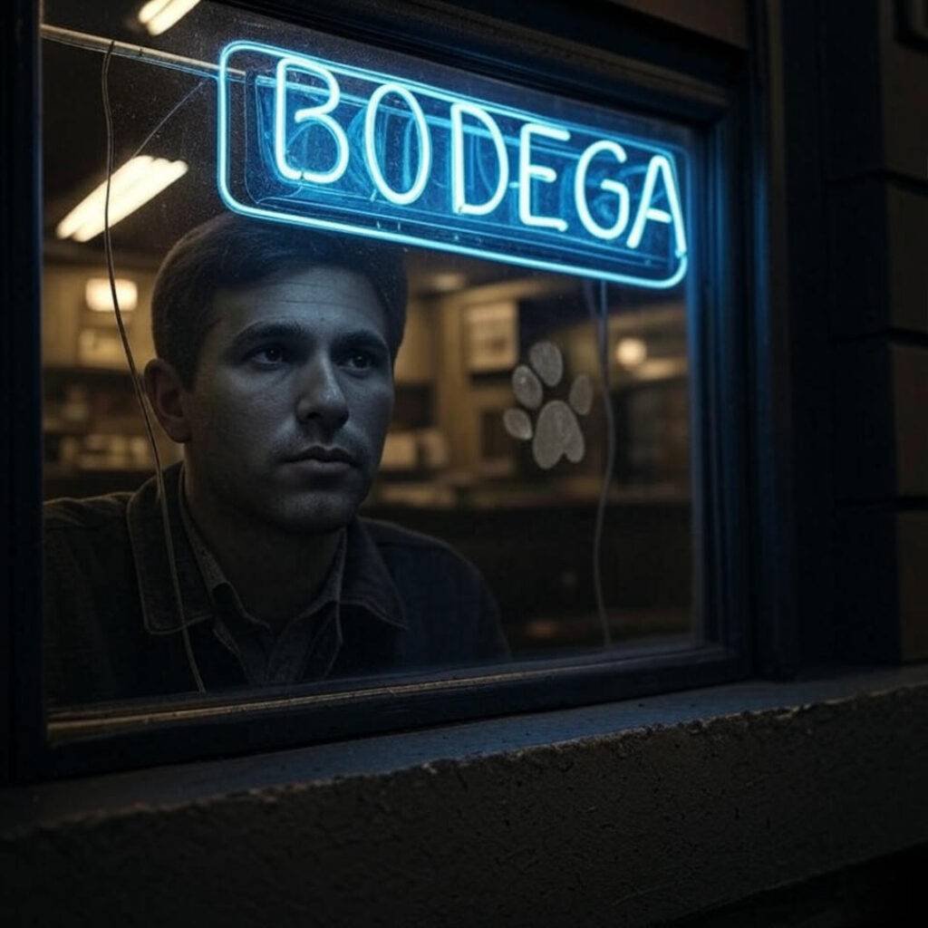 A retro-vibe photo of a window with a bodegaās neon sign glowing in electric blue, a reflective figure lost in thought, a cat paw print on the glass, set in sepia tones, blending a dreamy yet grounded mood of ambition amidst messy reality,