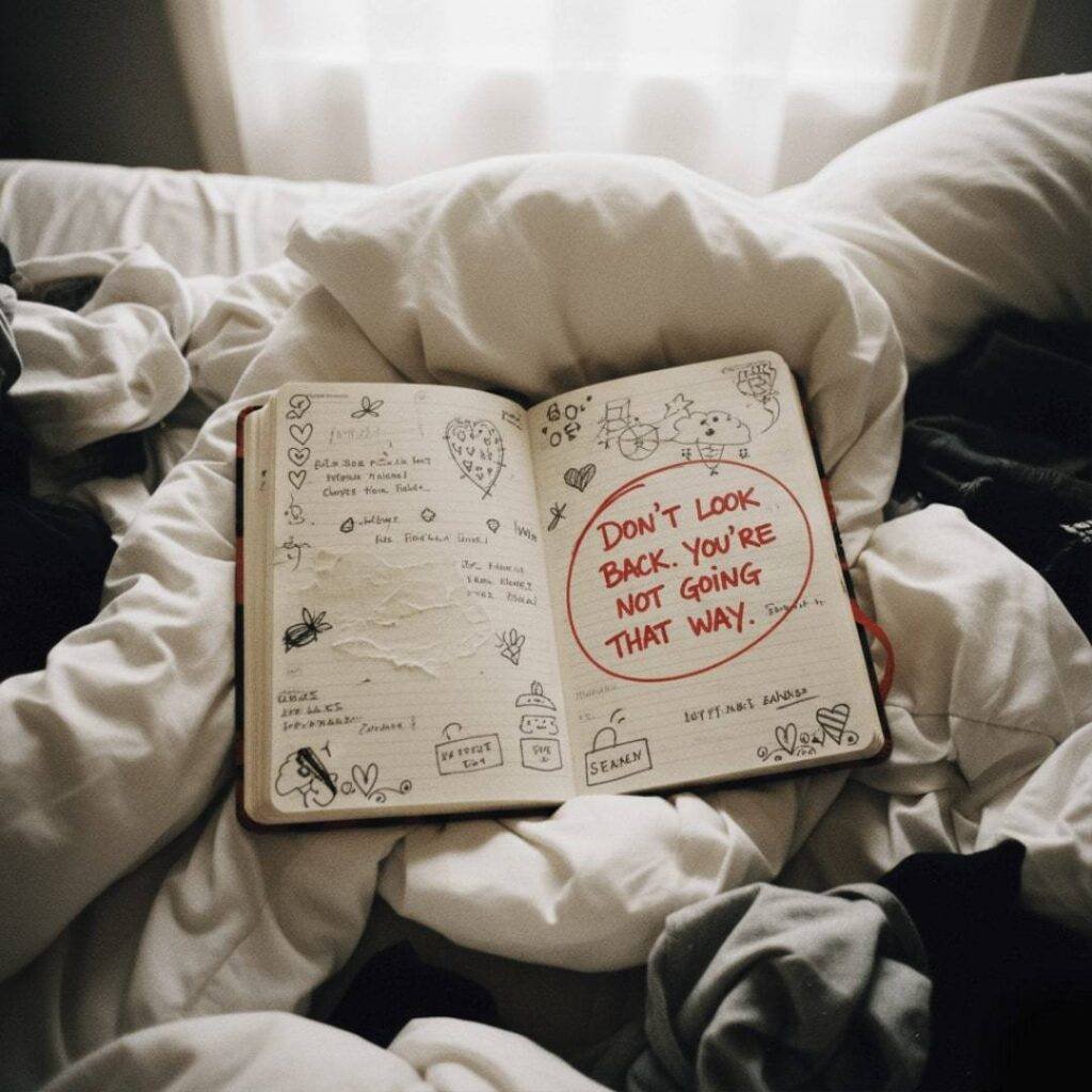 An open, doodled journal on a messy bed with a quote circled in red.