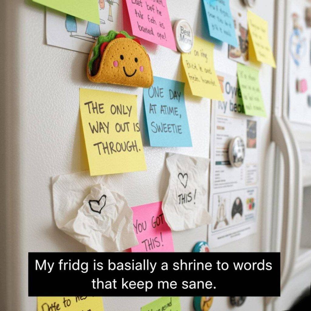 Fridge door covered in Post-it notes and napkins with uplifting quotes, held by a taco magnet.