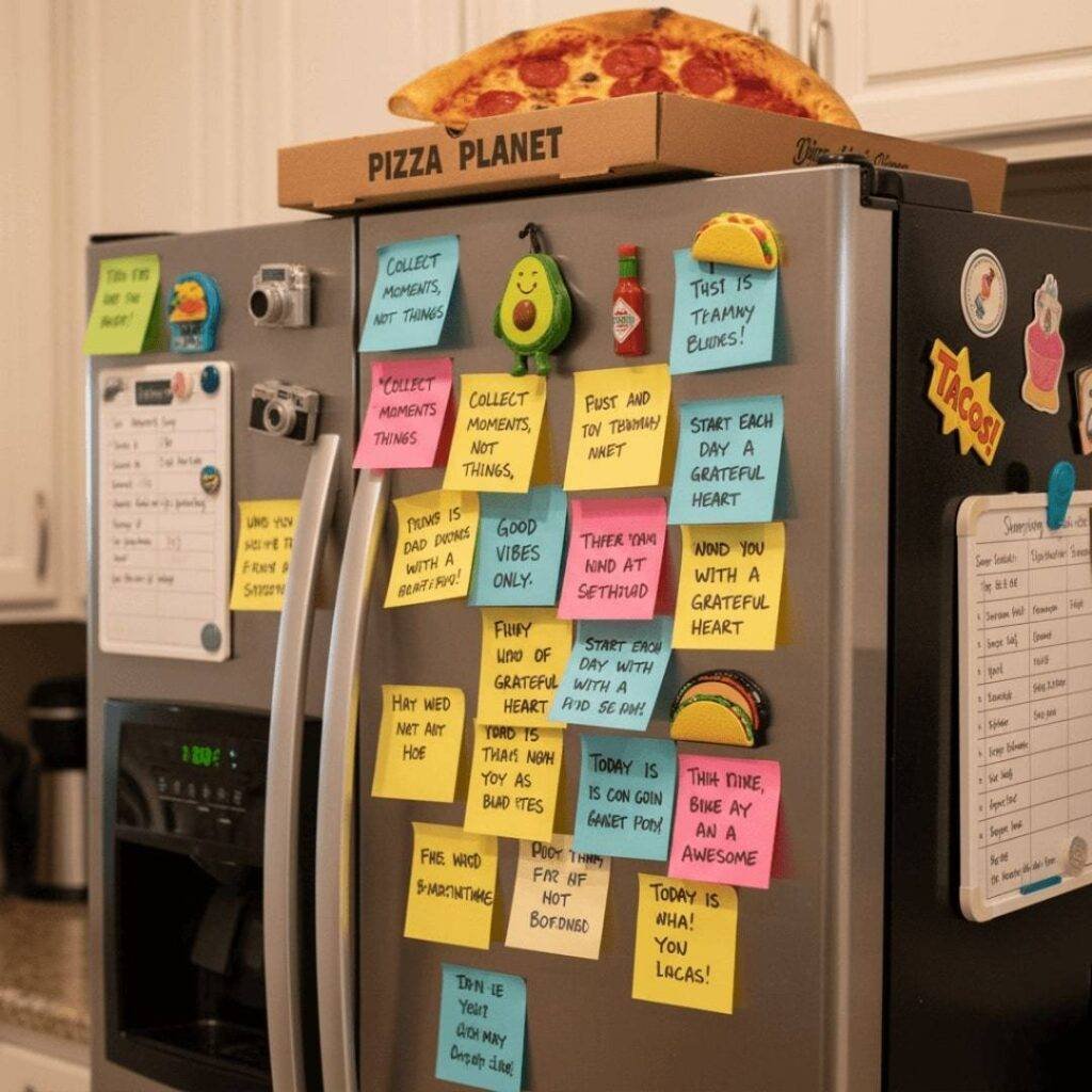 Fridge door covered in colorful sticky notes with quotes, magnets, and a half-eaten pizza box on top.