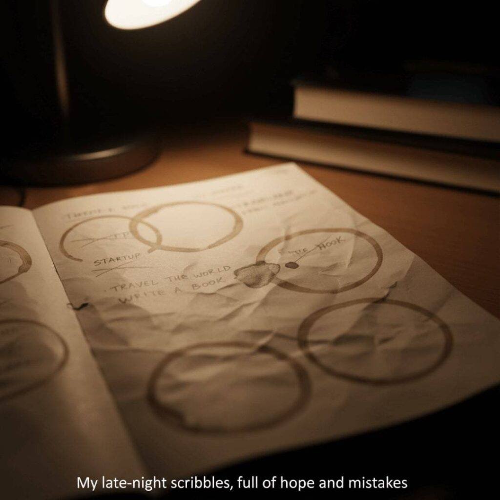 A crumpled journal page with coffee rings and smudged ink, shot in dim light.