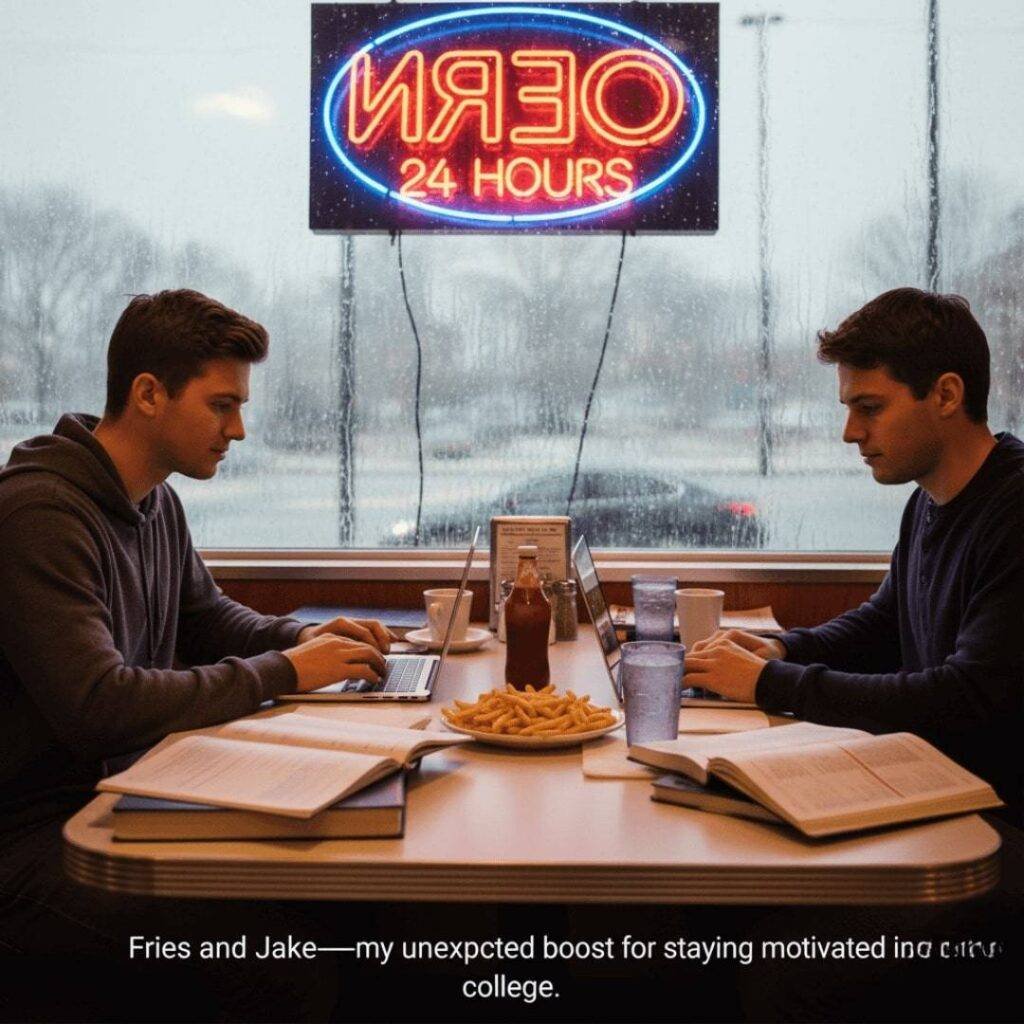 A young man works on a laptop at a diner booth, with a plate of fries and a neon "Open 24 Hours" sign visible through the rainy window.