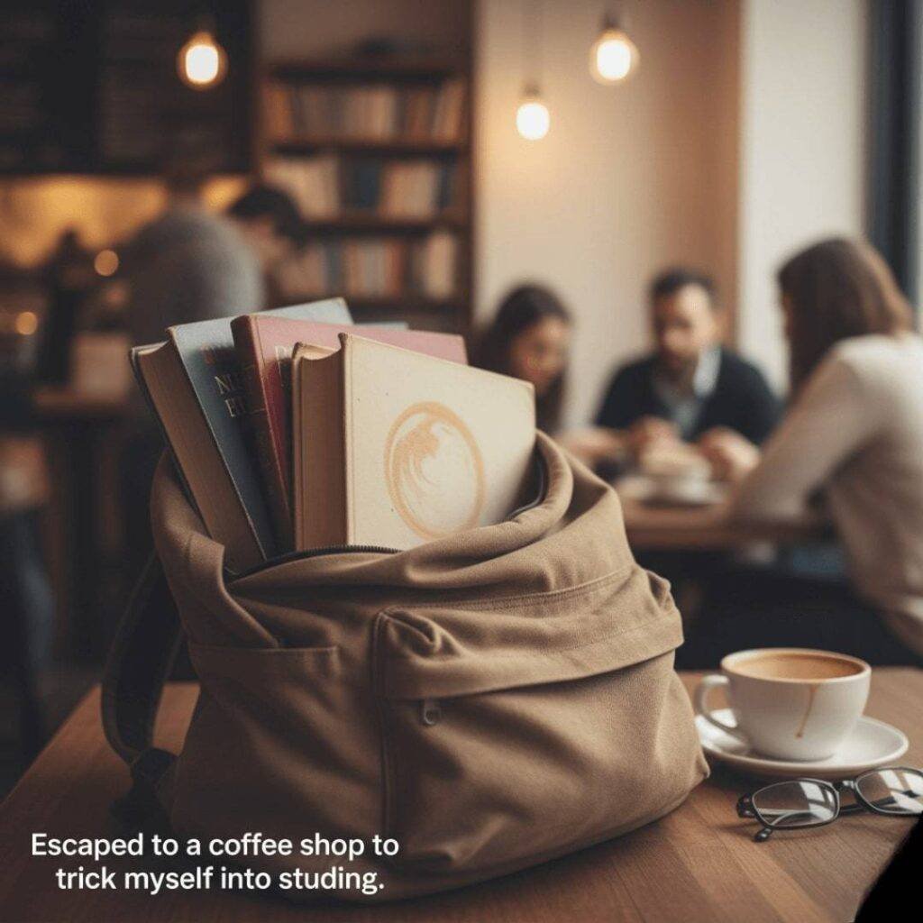 Backpack with textbooks and a latte stain on a coffee shop table.