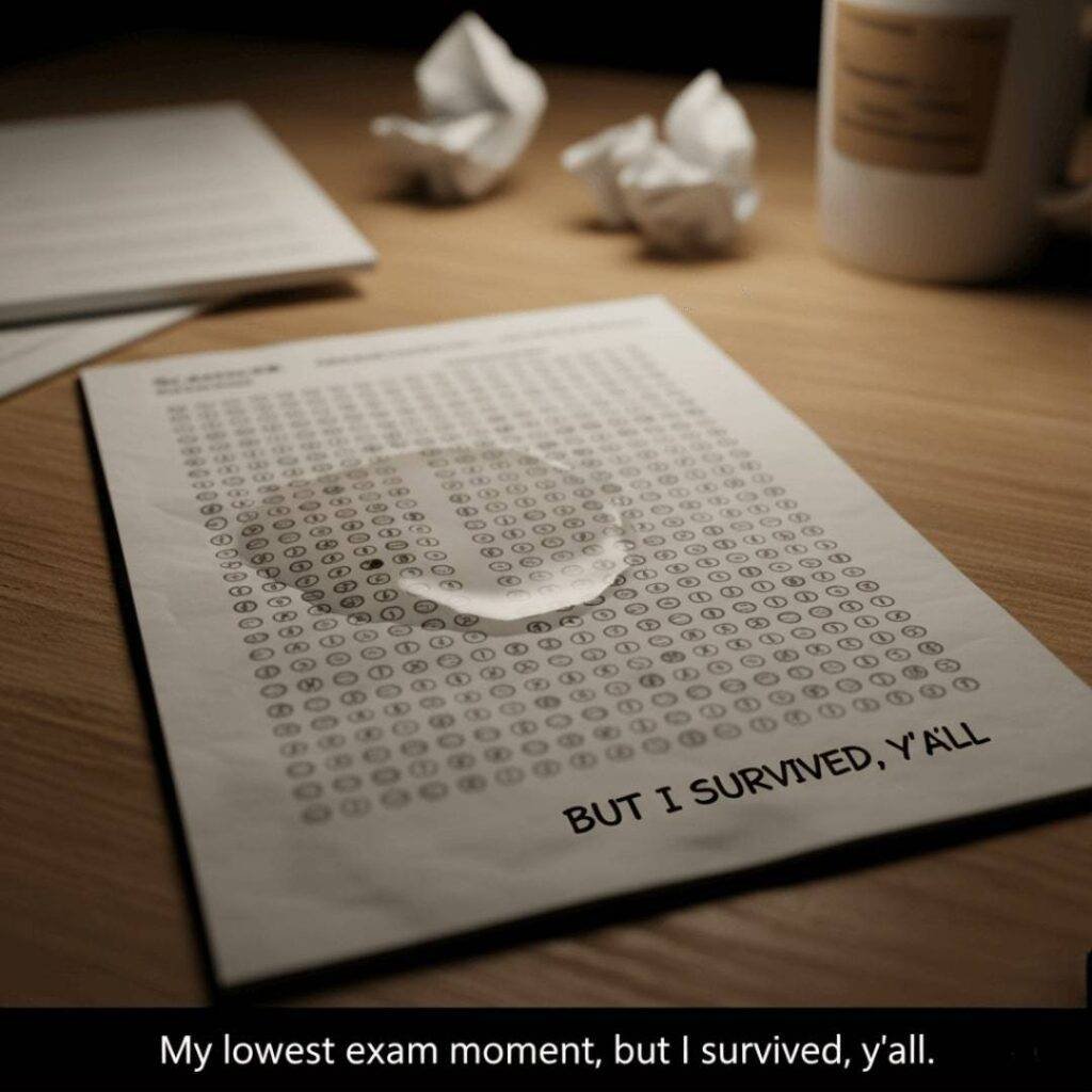 A close-up of a drool-stained Scantron sheet on a wooden desk.