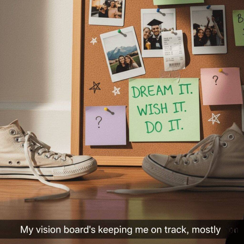 Sneakers with an untied lace next to a vision board with polaroids, a receipt, and a cheesy quote.