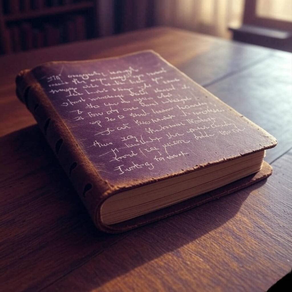 Vintage-style drawing of a worn notebook with "I’m enough" and "Just try, idiot" scribbled on it, captured from a low angle with a bittersweet vibe in dusty purples and golds.