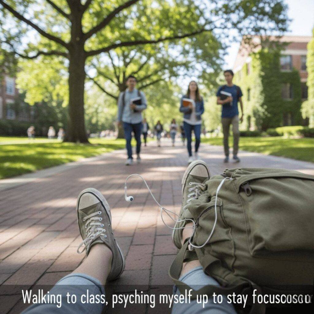 A first-person perspective shot looking down at sneakers, dangling earbuds, and a backpack on a brick campus path, with blurred students and trees in the background.