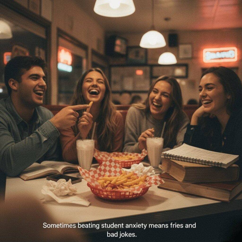 Four friends laughing over fries at a diner with textbooks pushed aside.