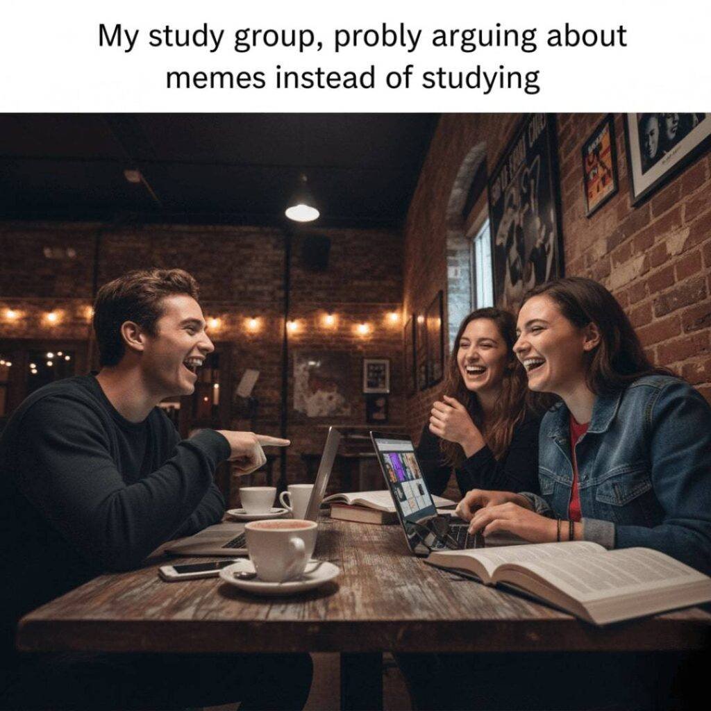 Three students laugh together around laptops and books at a wooden table in a dimly lit, brick-walled cafe.