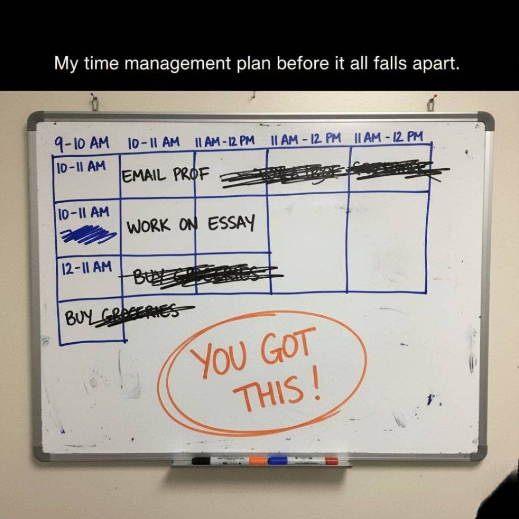 A whiteboard with a messy, incomplete time-block schedule and "You Got This!" written on it.