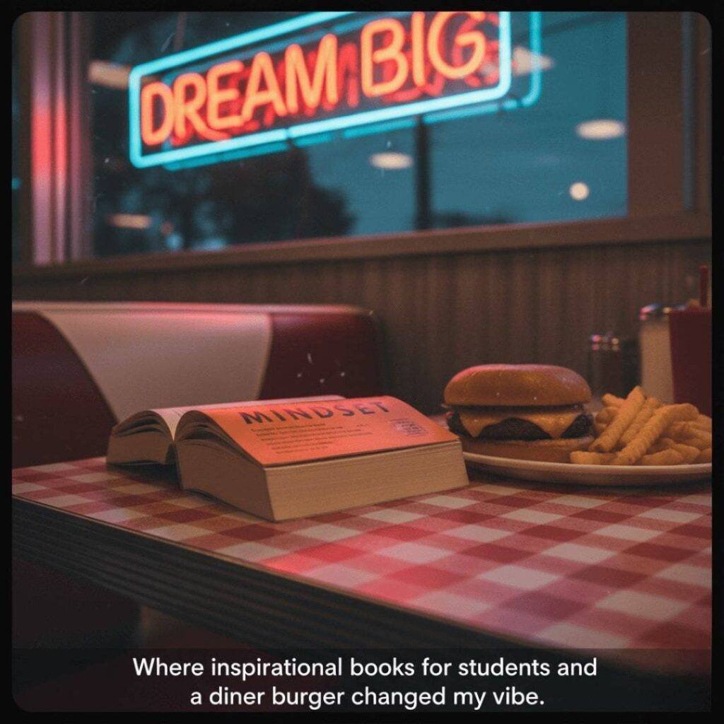 A vintage-style shot of a diner booth with the book "Mindset" open, a burger, and a "DREAM BIG" neon sign.
